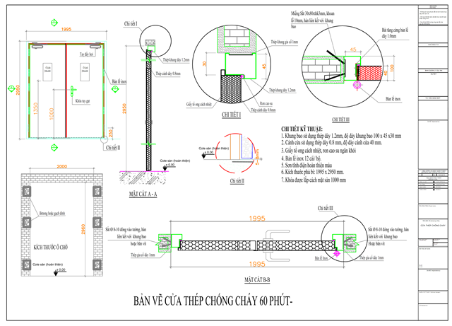 Bản vẽ thiết kế cửa thép chống cháy 60 phút, 90 phút, 120 phút