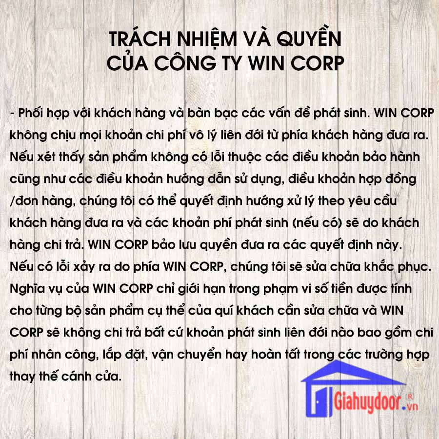 TIÊU CHUẨN KỸ THUẬT SẢN PHẨM CÔNG TY WIN QUY ĐỊNH BẢO HÀNH THƯƠNG HIỆU-GIA HUY DOOR